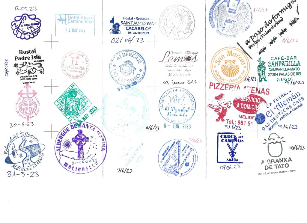 A pilgrim's passport containing stamps.